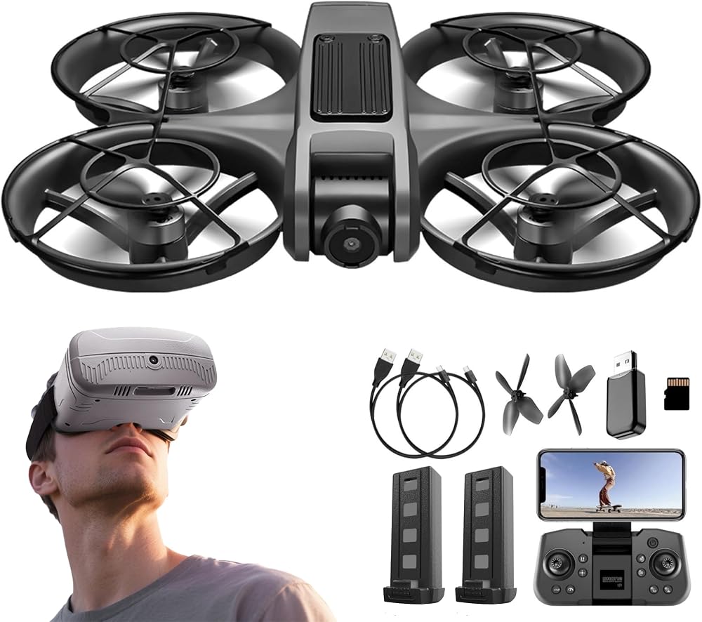 Adult FPV Drone with VR Goggles, First Person View, 1080P HD Camera for Beginners Quadcopter, 360° Flip Stunt, Brushless Motor, Optical Flow Position Hover, Adjustable Speed, Propeller Guards, One Key Takeoff &amp; Landing, Remote Control Aircraft for New Pilots, 2 Batteries &amp; SD Card Included